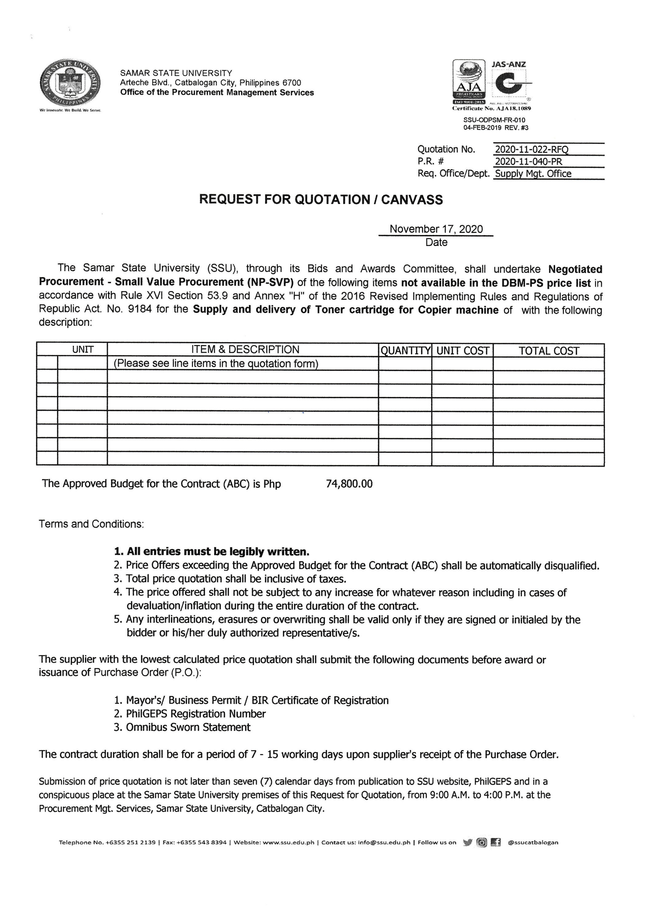 Supply and delivery of Toner cartridge for Copier machine (Supply Office 2020) (RFQ # 2020-11-022-RFQ)